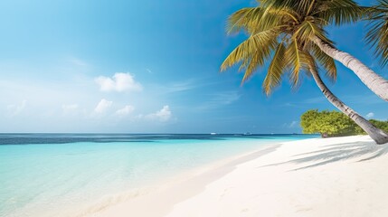 Naklejka na ściany i meble Tropical island beach with white sand and palms Travel relax concept Generative AI