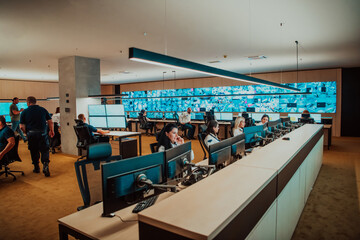 Group of Security data center operators working in a CCTV monitoring room looking on multiple monitors.Officers Monitoring Multiple Screens for Suspicious Activities
