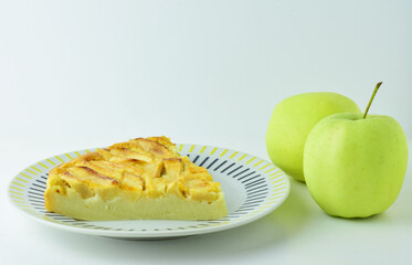 Homemade. Apple pie, in porcelain dish and light background.