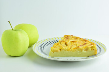 Homemade, apple pie, in porcelain dish and light background.