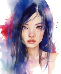 Illustration: portrait of a young beautiful Asian woman. Fashion portrait of girl drawn with watercolors and markers. Generative AI