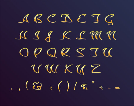 Gold cursive modern style alphabet set. Vector decorative typography. Decorative typeset style. Latin script for headers. Trendy letters and numbers for graphic posters, banners, invitations texts