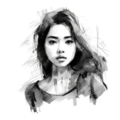 Illustration: portrait of a young beautiful Asian woman. Black and white fashion portrait of girl drawn with pencils and markers. Generative AI