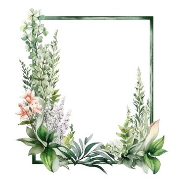 Watercolor decorative frame. Abstract background. Invitation, advertisement, thanks. Ornamental leaves. Generative AI.