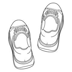 hand drawn sneakers, gym shoes, rear side and 3d view. Image in different views - front, back, top, side, sole and 3d view. Doodle vector illustration.	