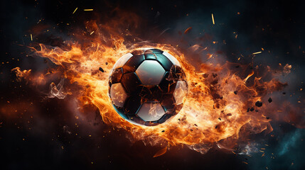 Naklejka premium Soccer ball in burning fire flames Generative AI