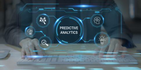 Predictive analytics, business forecasting, data visualization concept. Data analysis, machine learning, artificial intelligrnce (AI) and statistical model. Predictions future outcomes, performance.