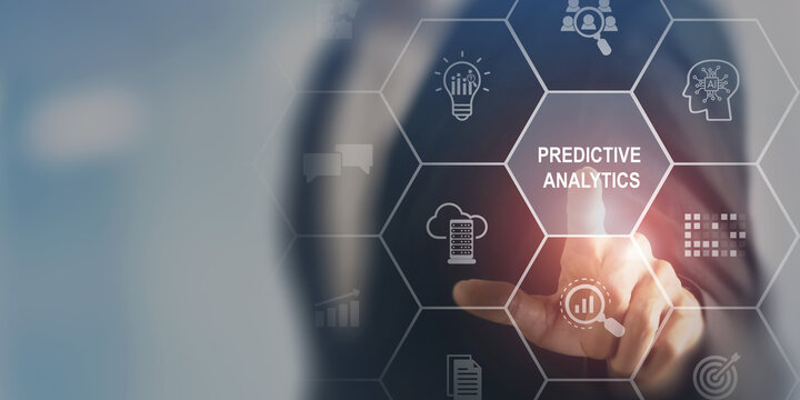 Predictive analytics, business forecasting, data visualization concept. Data analysis, machine learning, artificial intelligrnce (AI) and statistical model. Predictions future outcomes, performance.