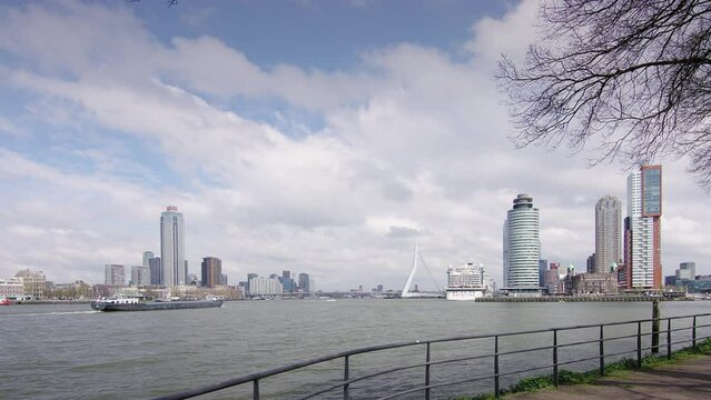 Rotterdam city center on the left, Kop van Zuid on the right connected by the Erasmus bridge.