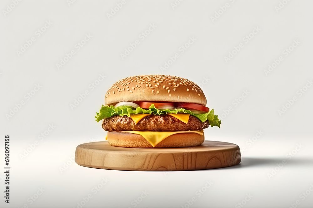 Wall mural Fresh tasty cheeseburger on wooden board