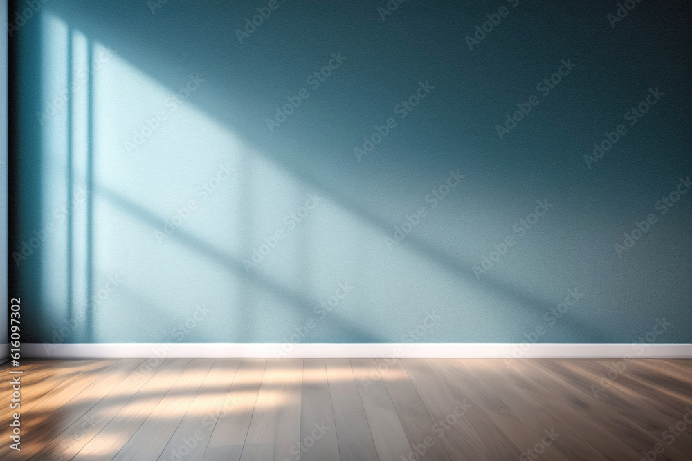 Aufkleber blue turquoise empty wall and wooden floor with interesting with glare from the window. interior bac
