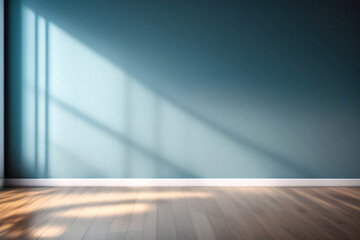 Blue turquoise empty wall and wooden floor with interesting with glare from the window. Interior background for the presentation. - 616097302