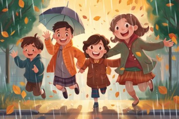 'Children enjoy playing in the rain.' (Illustration, Generative AI)