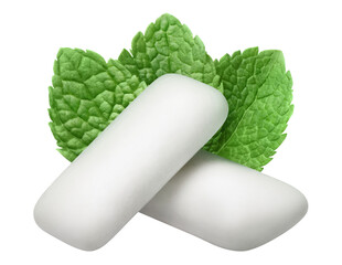 Two chewing gum pieces with fresh mint leaves, cut out © Yeti Studio