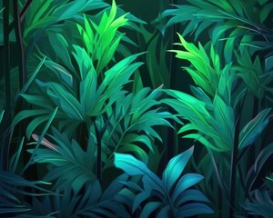 Fototapeta na wymiar Manstera and palm leaves in neon backlight on green background. (Illustration, Generative AI)