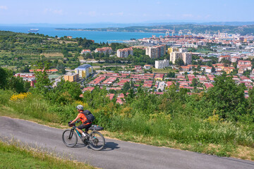nice active senior woman on a mountain bike tour at the Slovenian Mediterranen cost above Koper at...