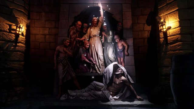 The resurrection of the dead Lazarus by Jesus Christ. Scene from the bible. The concept of faith, the power of prayer, eternal life, immortality. 3D animation.