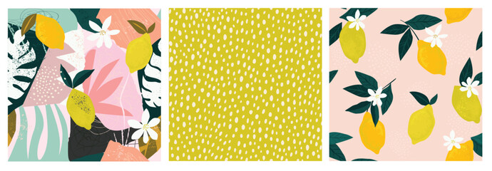 Collage contemporary lemon floral and polka dot shapes seamless pattern set