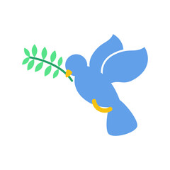 Blue bird dove with green leave olive branch peace icon flat vector design