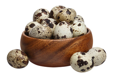 Delicious quail eggs in a wooden bowl, cut out