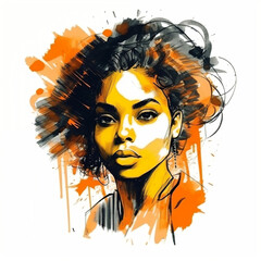 Illustration: expressive portrait of a young beautiful black woman. Fashion portrait of girl drawn with watercolors and markers. Generative AI