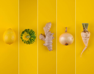 Collage of yellow vegetables and fruits.
