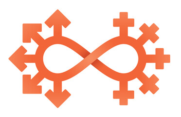 Vector orange symbol of men and women intertwined together. Symbol of bigamy. Symbol of infinity. Isolated on white background