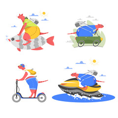 a set of vector illustrations with various modes of transport. a playful image of cats