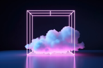 Creative geometric abstraction with puffy cloud and purple neon glowing cube of lines. Digital wallpaper, cloud services. Generative AI 3d render illustration.