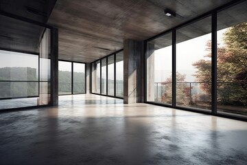 Modern concrete interior with panoramic view