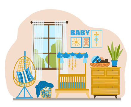 Vector illustration of a cozy nursery with a cot, chest of drawers, rocking chair in boho style. Illustration in a flat hand-drawn style.