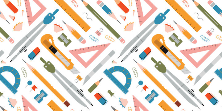 Seamless pattern with Drawing and graphics tools on white background, cartoon style. Mechanical drawing supplies like compasses, ruler, pencils. Trendy modern vector illustration, hand drawn, flat