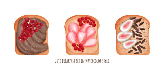 Cute breakfast set in watercolor style.