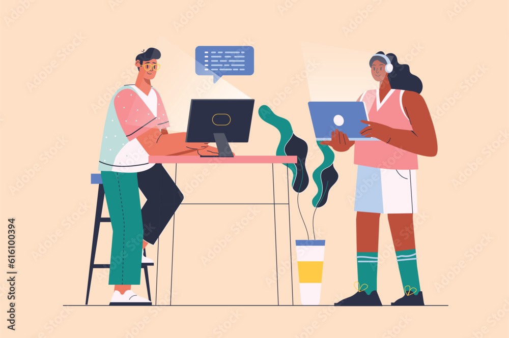 Poster programming concept with people scene in the flat cartoon style. a team of workers are writing code 