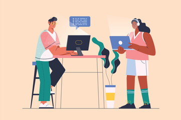 Programming concept with people scene in the flat cartoon style. A team of workers are writing code for a large project. Vector illustration.