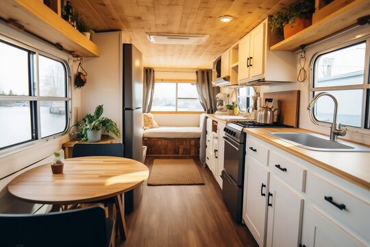 Trailer Home's Cozy Kitchen Interior. Generative AI