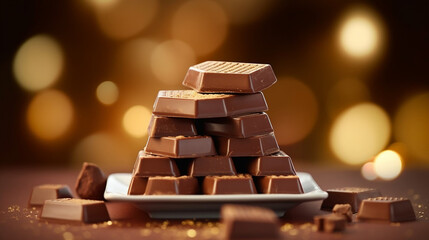 ai generative pieces of delicious dark chocolate against a bokeh background 