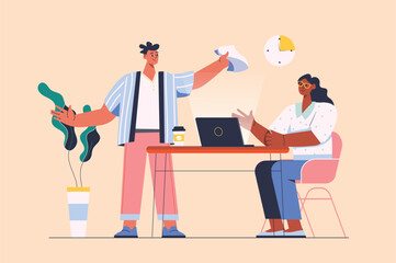 Deadline concept with people scene in the flat cartoon style. The boss reminds the employee about deadlines. Vector illustration.
