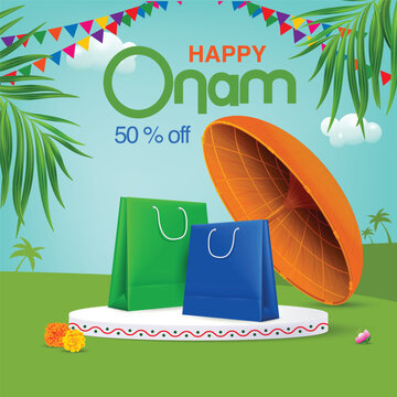 Happy Onam special sale banner template. Product podium with onam backdrop