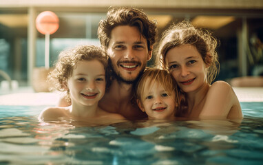 A happy family enjoys and relaxes in the swimming pool during the summer holidays