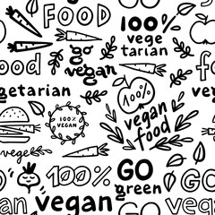 monochrome linear abstract vegetarian vegan seamless pattern with typographic and graphic doodle elements isolated on white background for web and print - 616100946