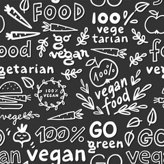 monochrome linear abstract vegetarian vegan seamless pattern with typographic and graphic doodle elements isolated on dark background for web and print - 616100970