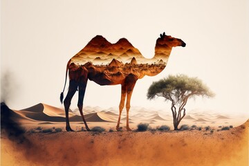 Camel abstract artwork in double exposure of sahara desert, animal art with sand landscape as dromedary with nature background concept. Superb Generative AI. - obrazy, fototapety, plakaty
