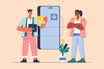 App development concept with people scene in the flat cartoon style. The development team is testing a new mobile application. Vector illustration.