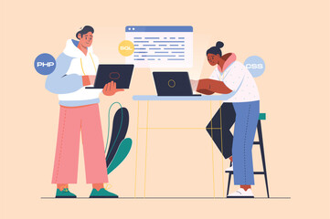 Coding concept with people scene in the flat cartoon design. Programmers write code for applications. Vector illustration.