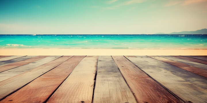 Holztisch am Meer, generative AI