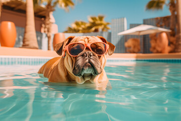 Bulldog dog is on summer vacation swimming at a seaside resort and relaxing rest on the summer beach of Hawaii Generative AI