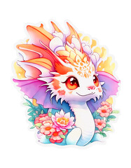 STICKER, illustration of vivid cute dragon, fantasy flowers splash, vintage watercolor design,