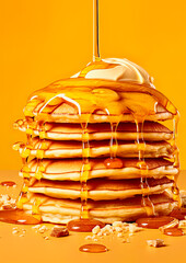 Fototapeta na wymiar Pancakes stack with ice cream and oozing honey. Generative Ai image