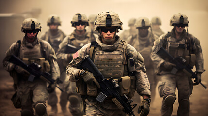 Fototapeta premium US Soldiers army on a mission in Desert Environment